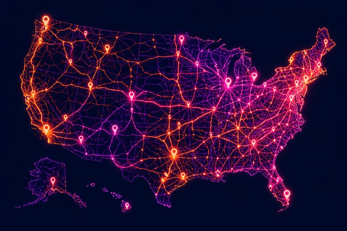 Map of DoorBlitz nationwide door hanger distribution routes across the United States