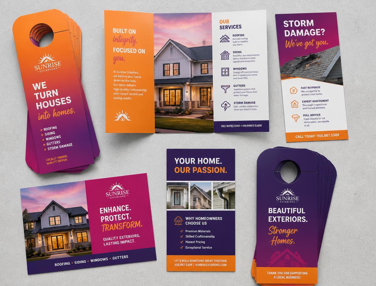 Vibrant printed door hangers, brochures and flyers produced by DoorBlitz